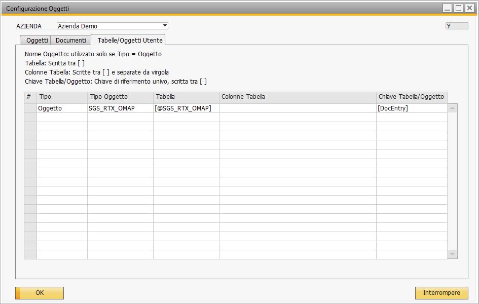 Configurazione tabelle e oggetti utente