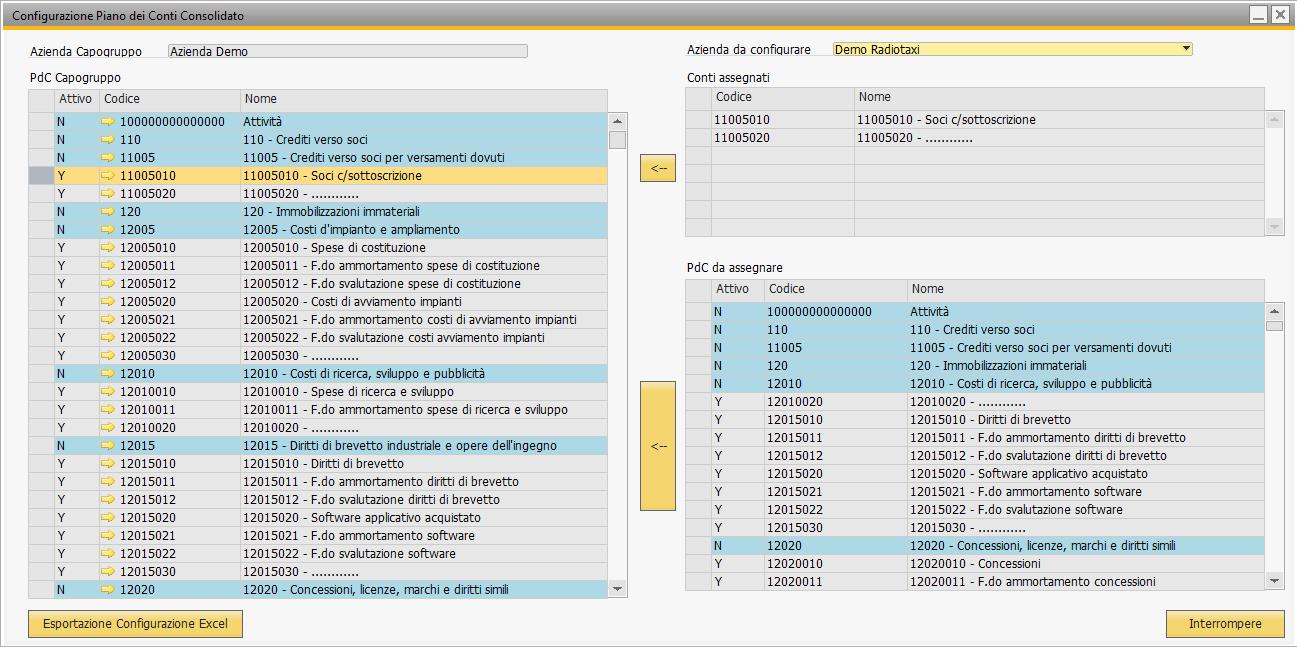 Configurazione relazioni piano dei conti consolidato