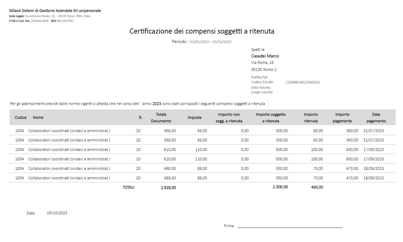 Esempio certificazione ritenuta d'acconto