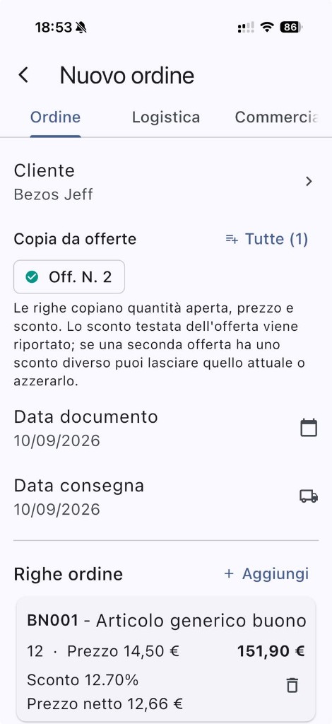 Nuovo ordine con copia da offerta