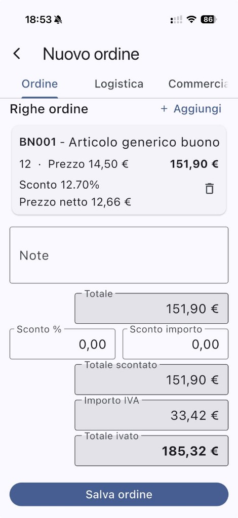 Nuovo ordine con totali e IVA