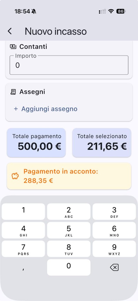 Nuovo incasso con pagamento in acconto