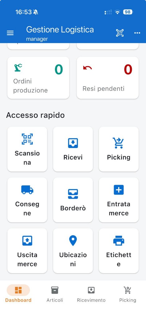 Accesso rapido funzioni magazzino