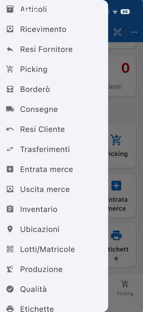 Menu funzioni Gestione Logistica