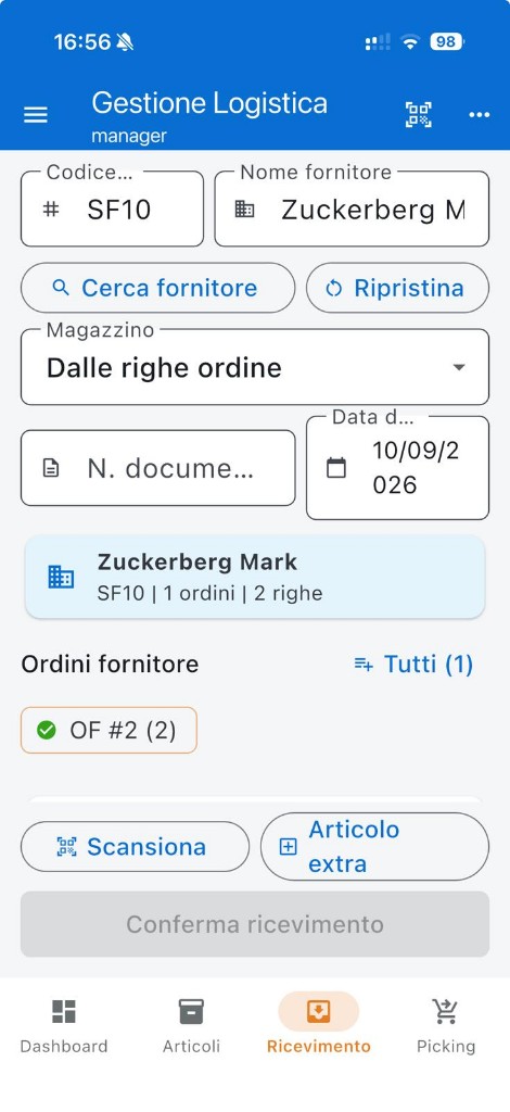 Ricevimento merce selezione fornitore e ordini