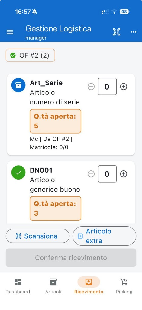 Lista articoli ordine in ricevimento