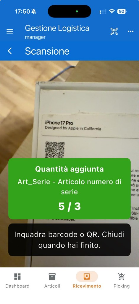 Scansione barcode o QR per compilazione quantità