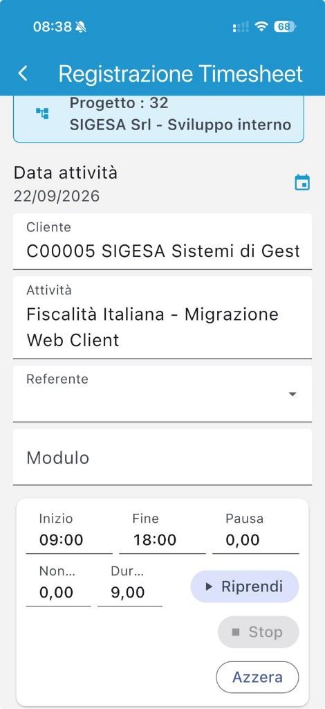 Registrazione timesheet con orari