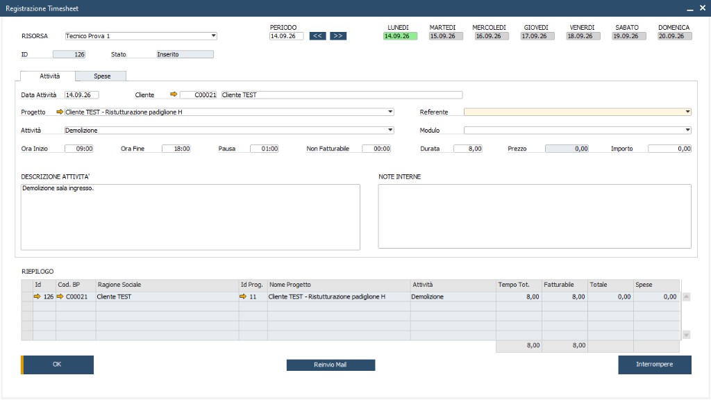 Registrazione timesheet attività