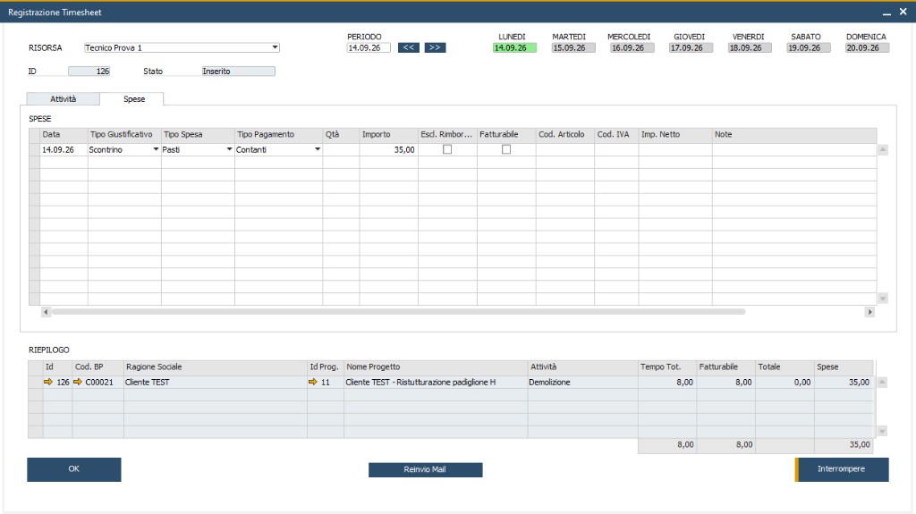 Registrazione timesheet spese